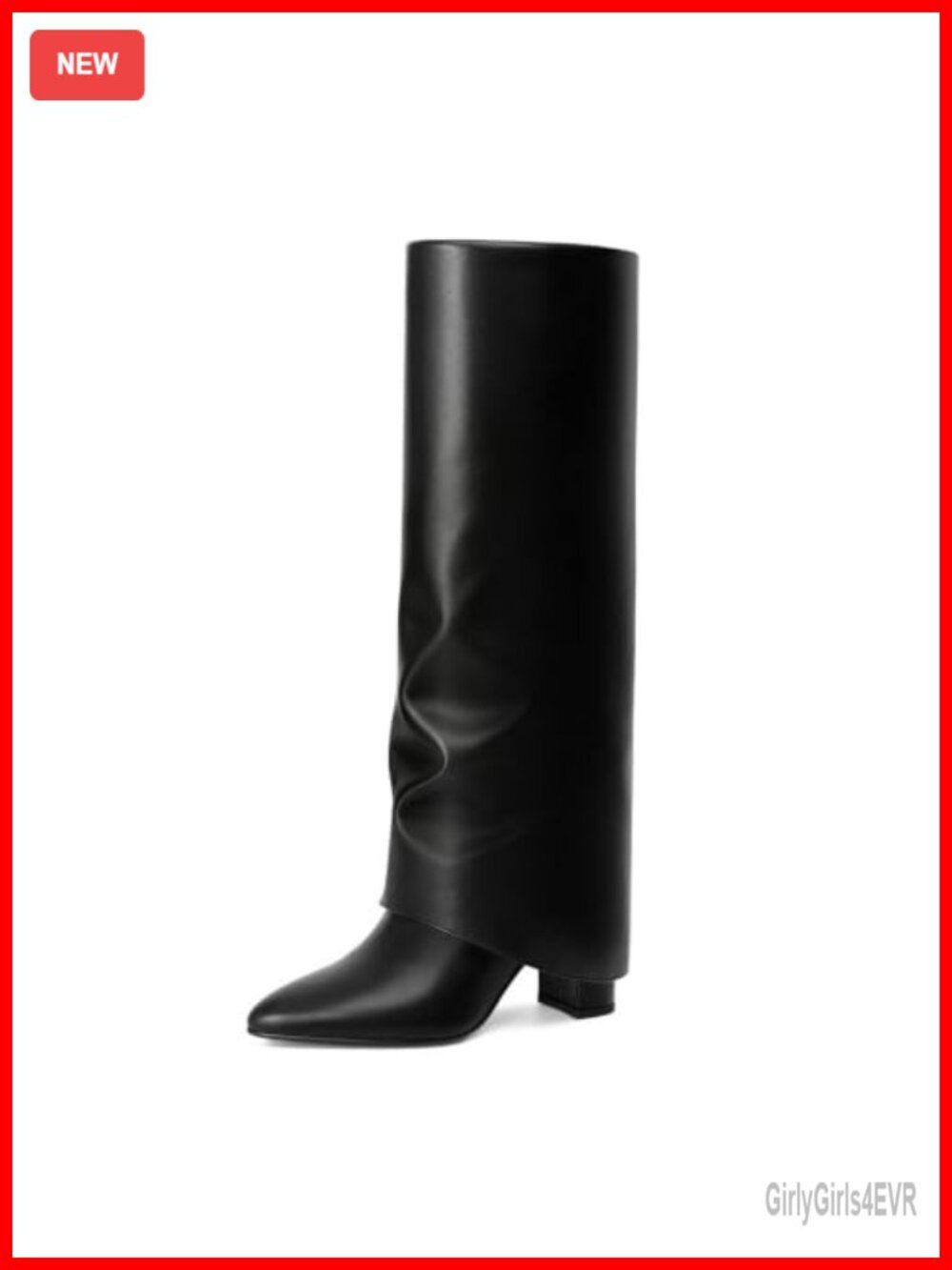 Fold Over Knee High Boots Pointed Toe Chunky Heel Faux Leather Wide Calf